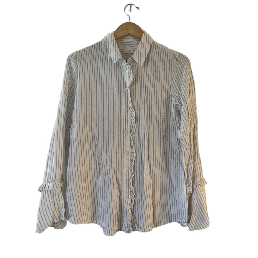 Treasure & Bond Size XS Womens Striped Ruffle Button Front Shirt Bell Sleeve‎